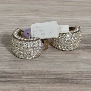 Vintage Gold Tone Chunky Pave Crystal Clip On Hoop Earrings Clear Rhinestone VTG